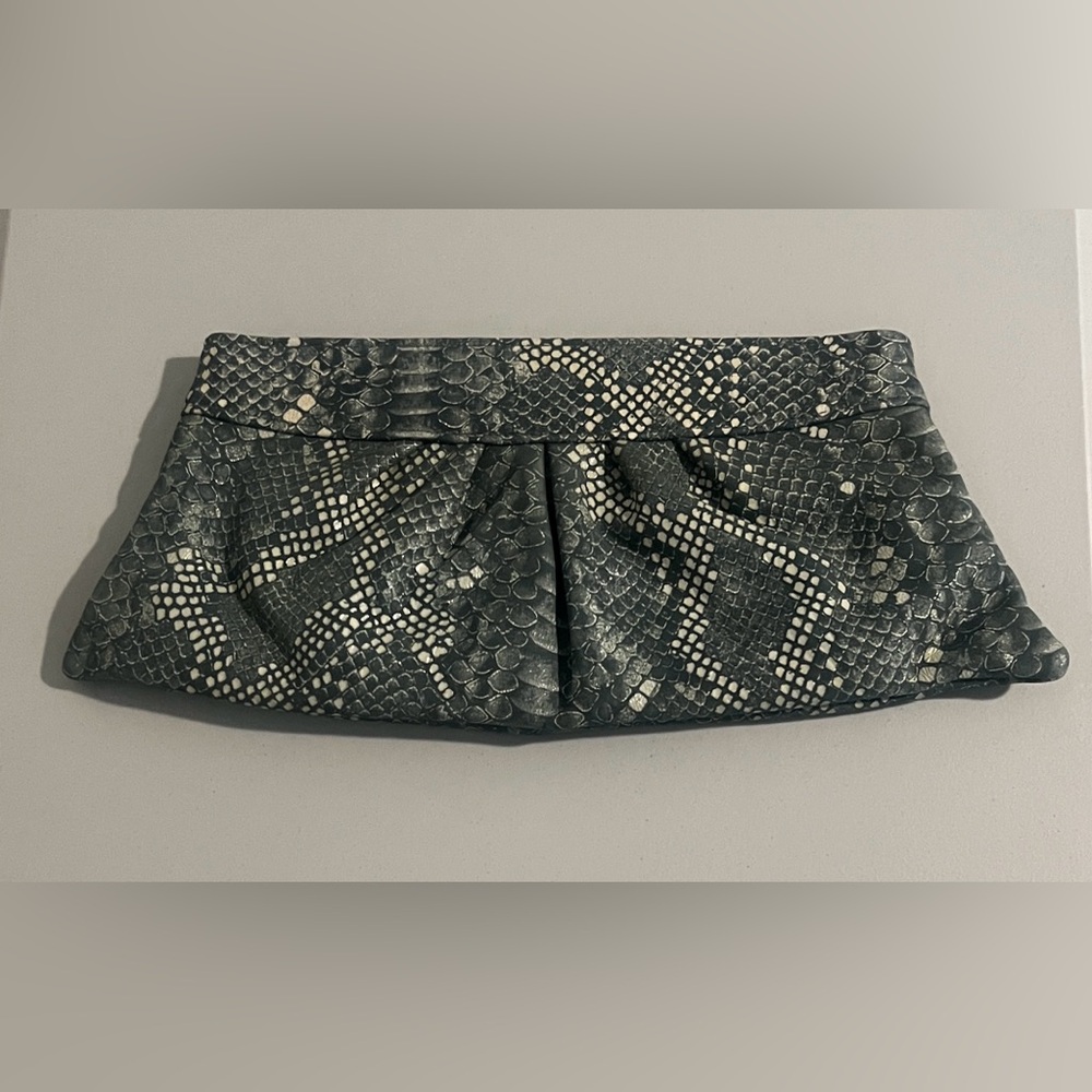 Lauren Merkin Snakeskin Embossed Leather Clutch | Gray Green | Evening